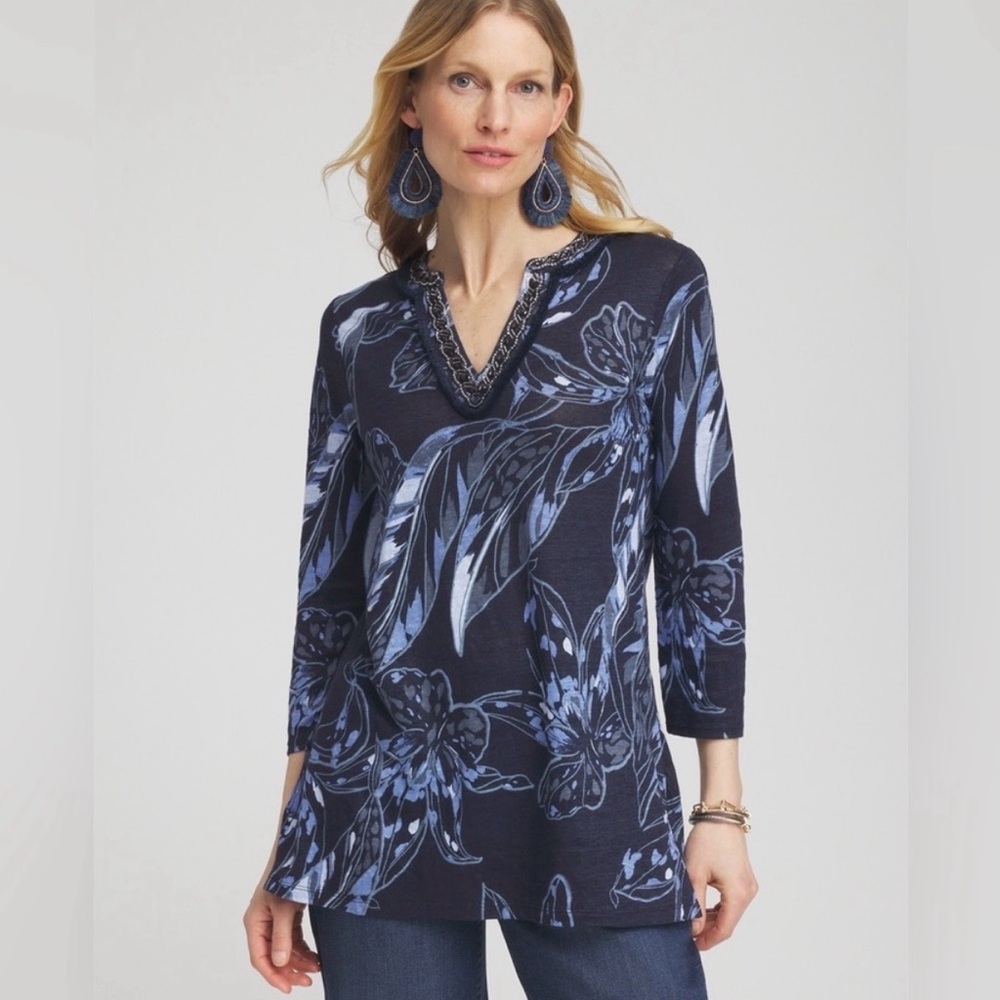 Chico's Blue Floral Embellished Linen
Tunic Top 3/4 Sleeve Size XXL